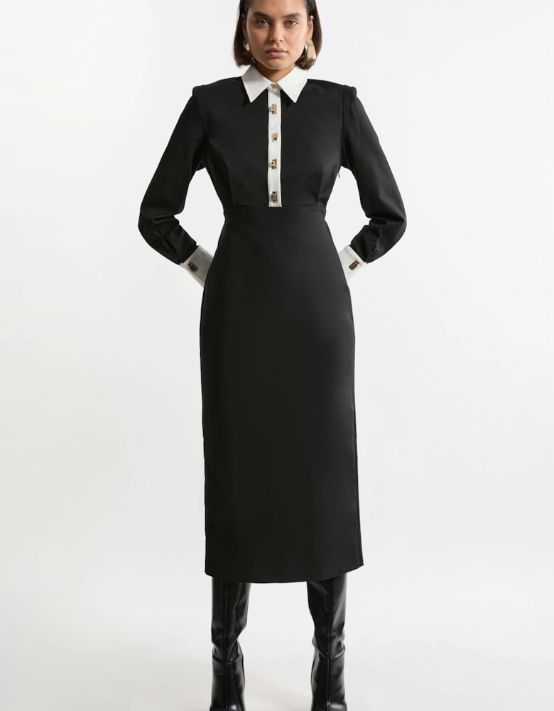 Petite Techno Cotton Woven Maxi Shirt Dress With Gold Clasps