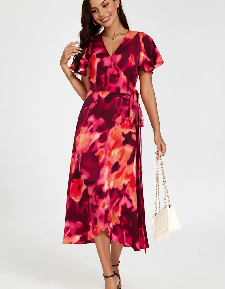 Abstract Print Wrap Maxi Dress In Burgundy