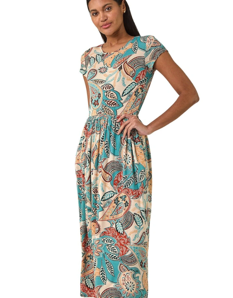 Paisley Print Short Sleeve Midi Dress