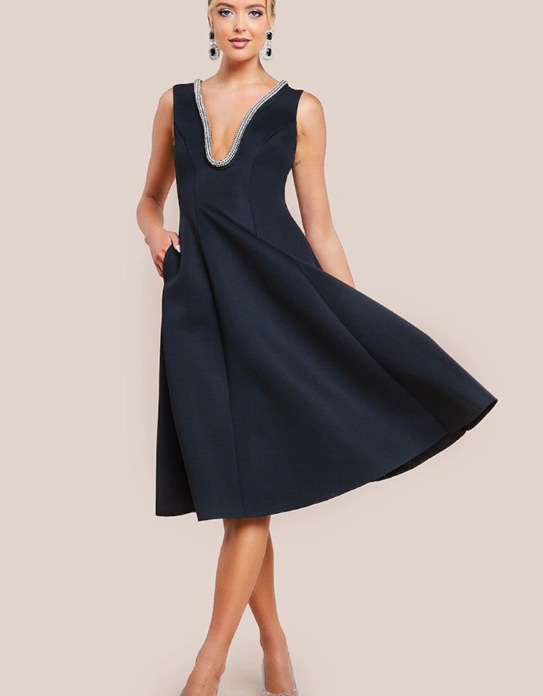 Diamante Embellished Neck A Line Midi Dress