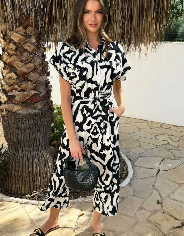 Black And Cream Abstract Print Button Front Collared Tie Waist Jumpsuit