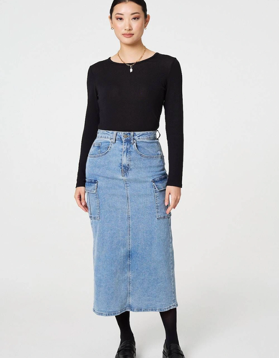 Denim High Waist Midi Cargo Skirt, 2 of 1