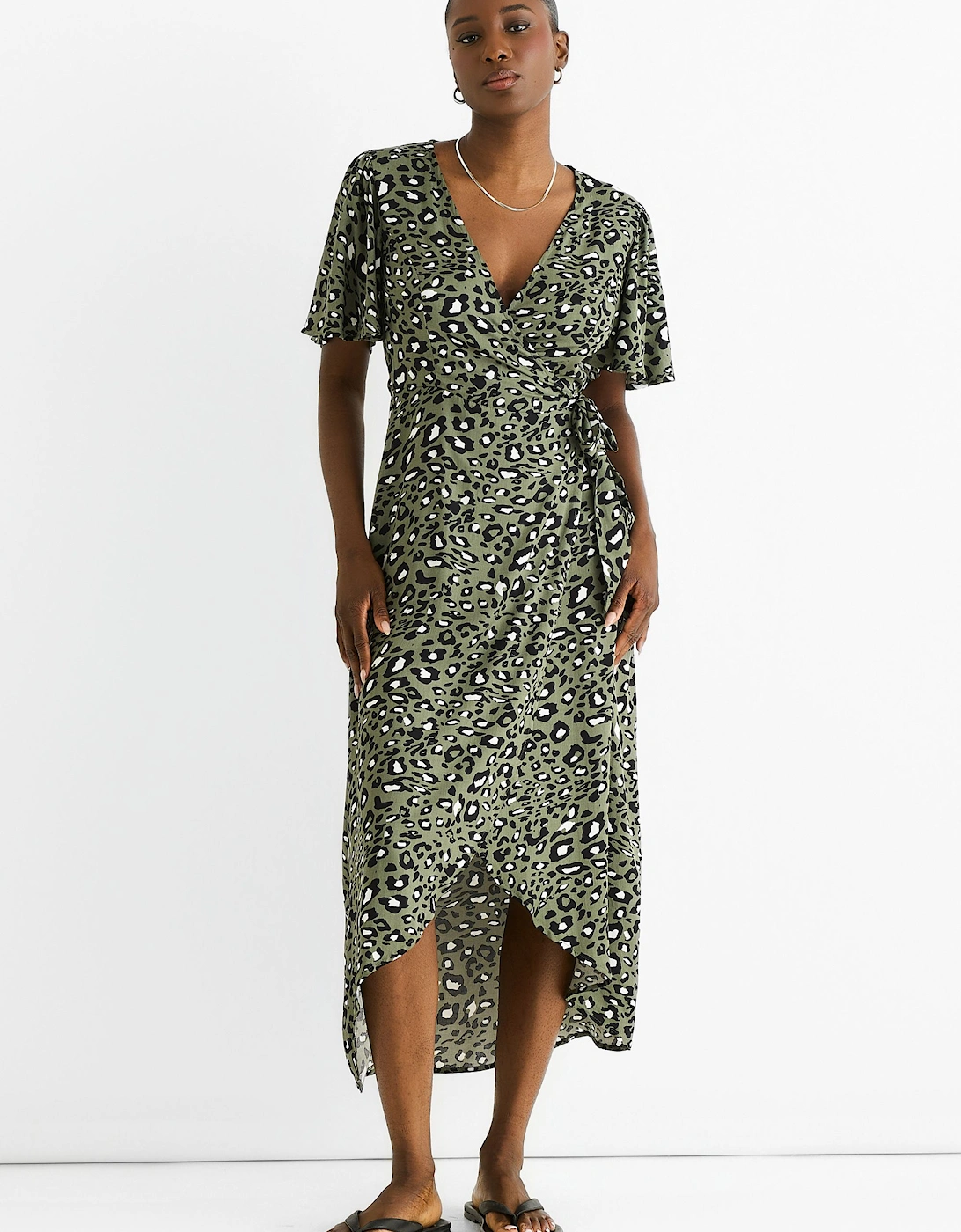 Khaki Animal Print Viscose Wrap Midi Dress, 2 of 1
