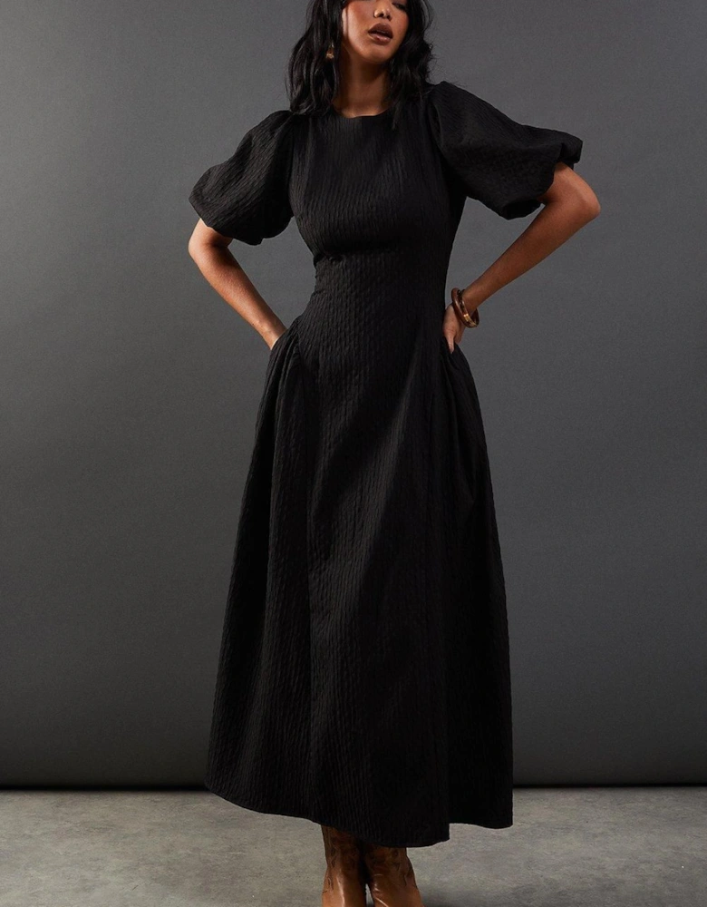 Seersucker Organza Godet Side Puff Sleeve Midi Dress