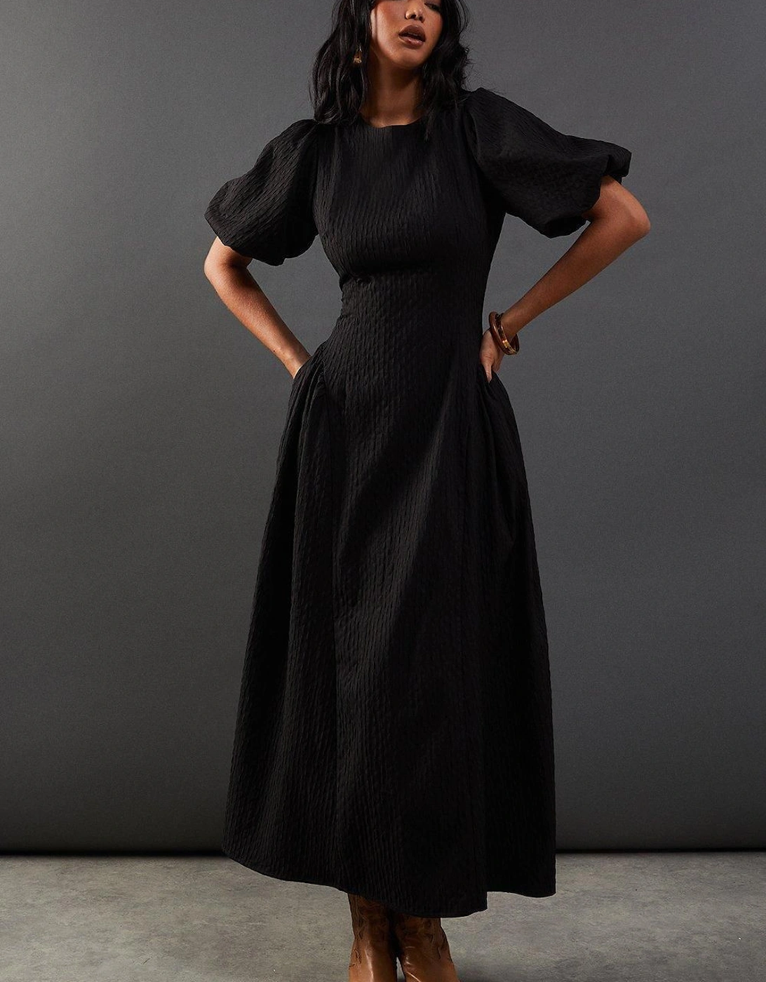 Seersucker Organza Godet Side Puff Sleeve Midi Dress, 2 of 1