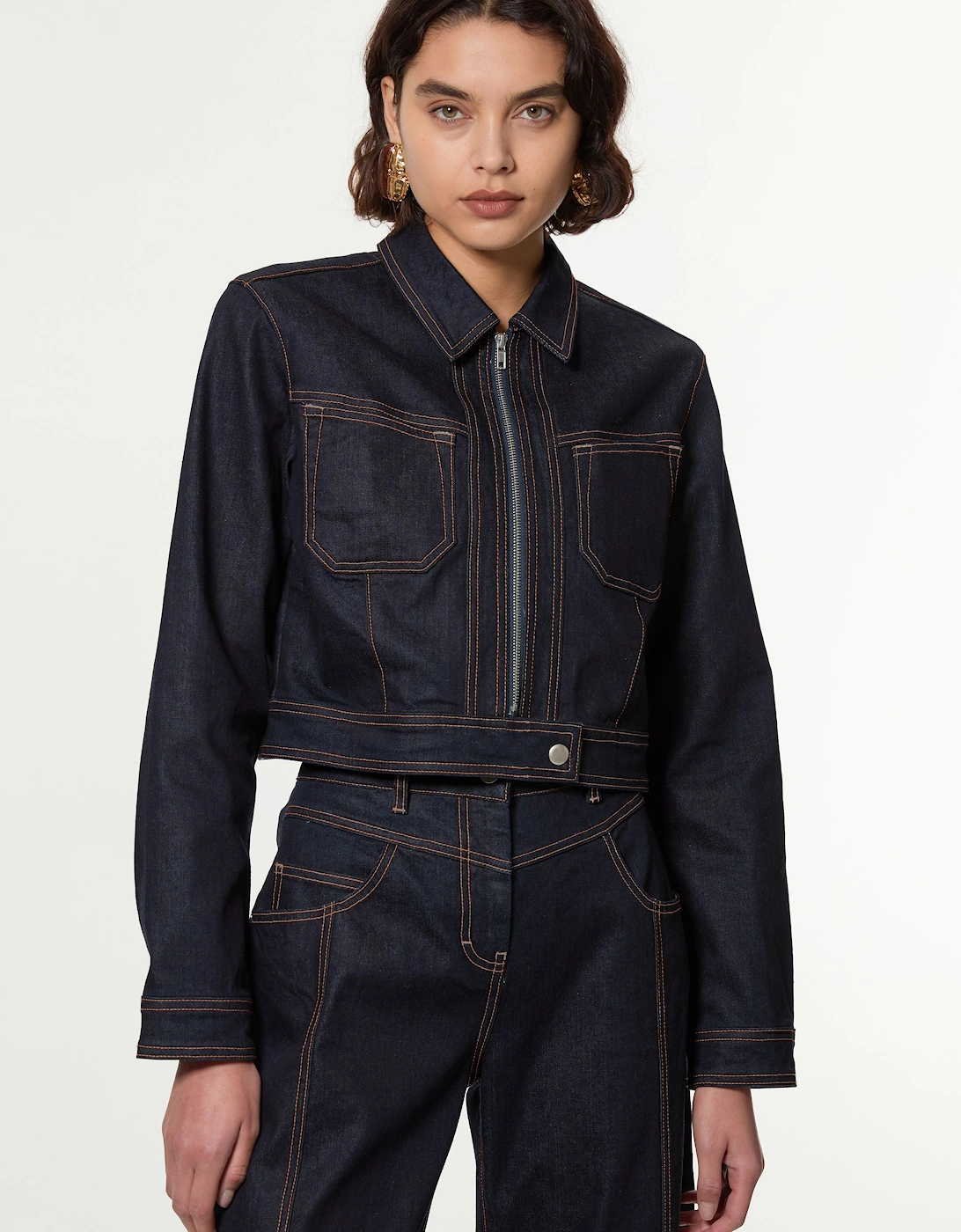 Petite Indigo Denim Contrast Stitch Detail Zip Through Jacket, 2 of 1