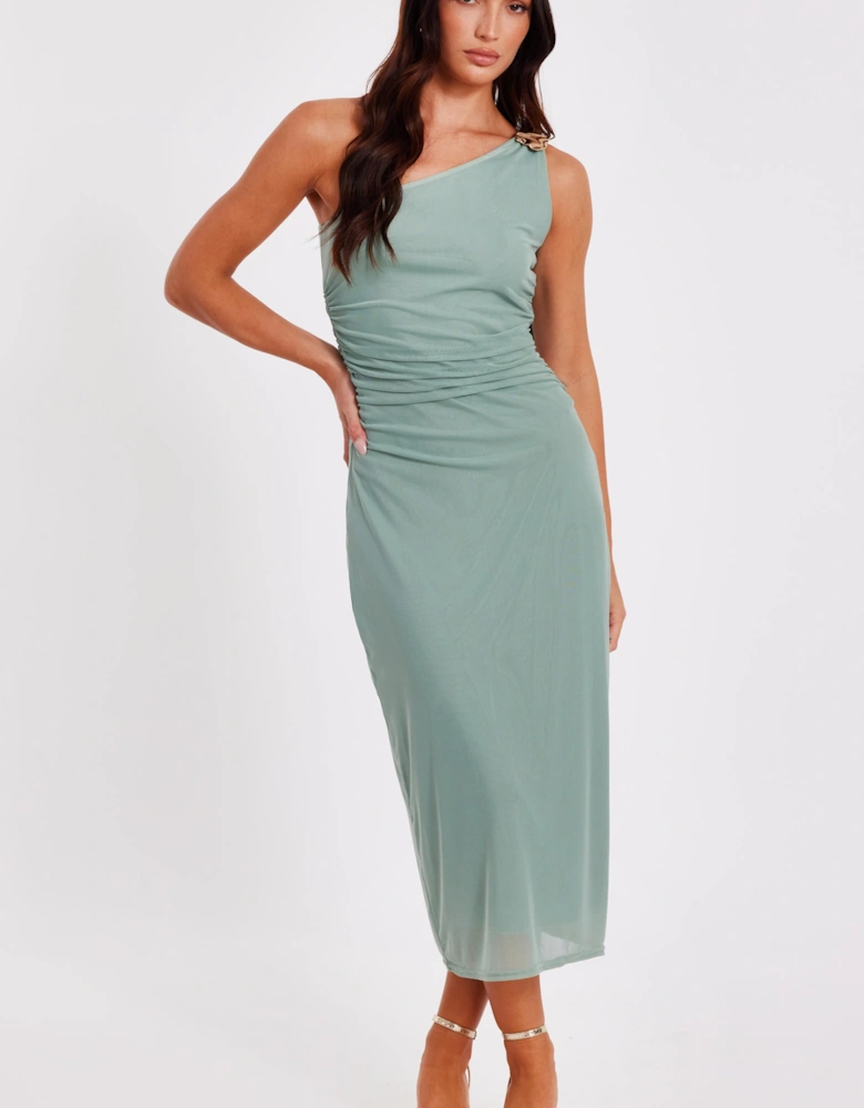 Green Mesh One Shoulder Midi Dress