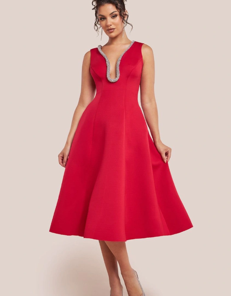 Diamante Embellished Neck A Line Midi Dress