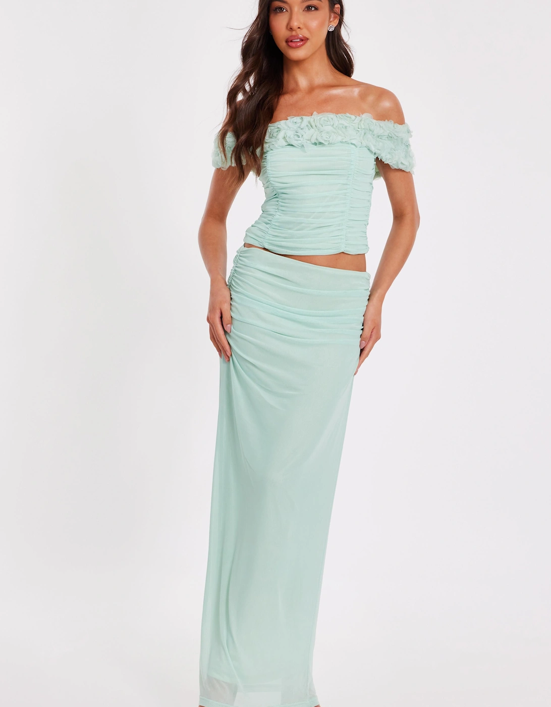 Light Green Mesh Ruched Midaxi Skirt, 2 of 1
