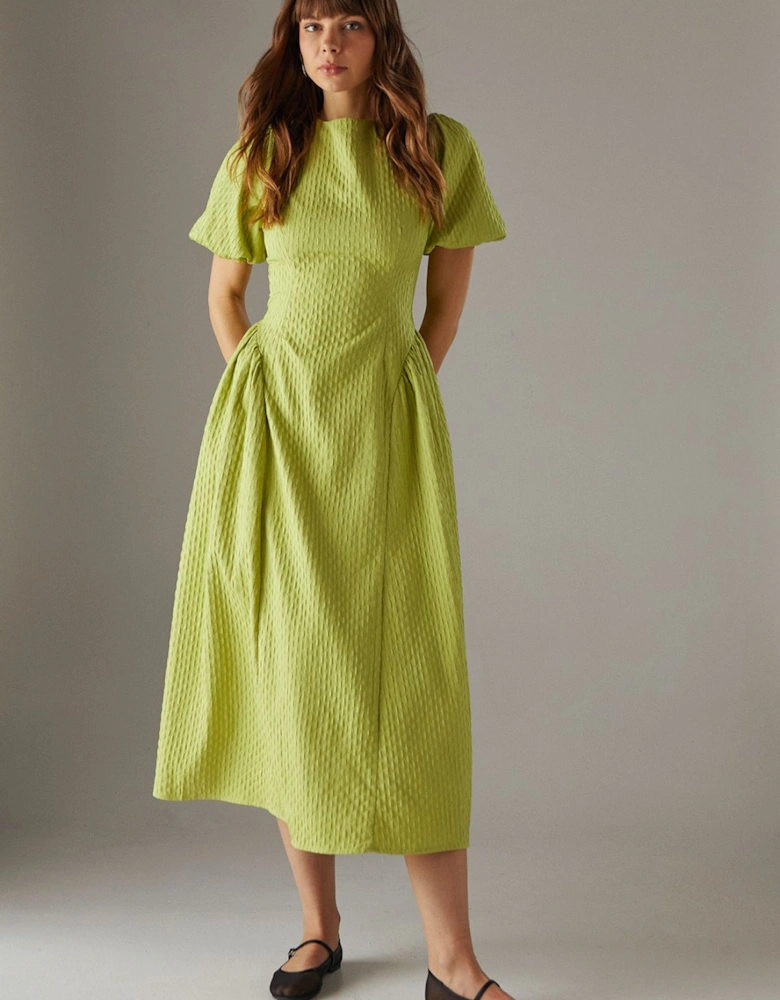 Seersucker Organza Godet Side Puff Sleeve Midi Dress