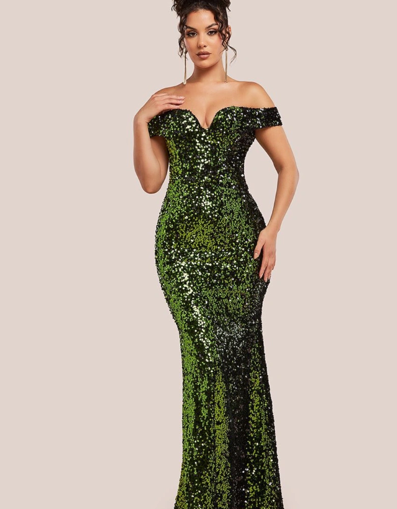 Sequin Velvet Bardot Evening Maxi Dress
