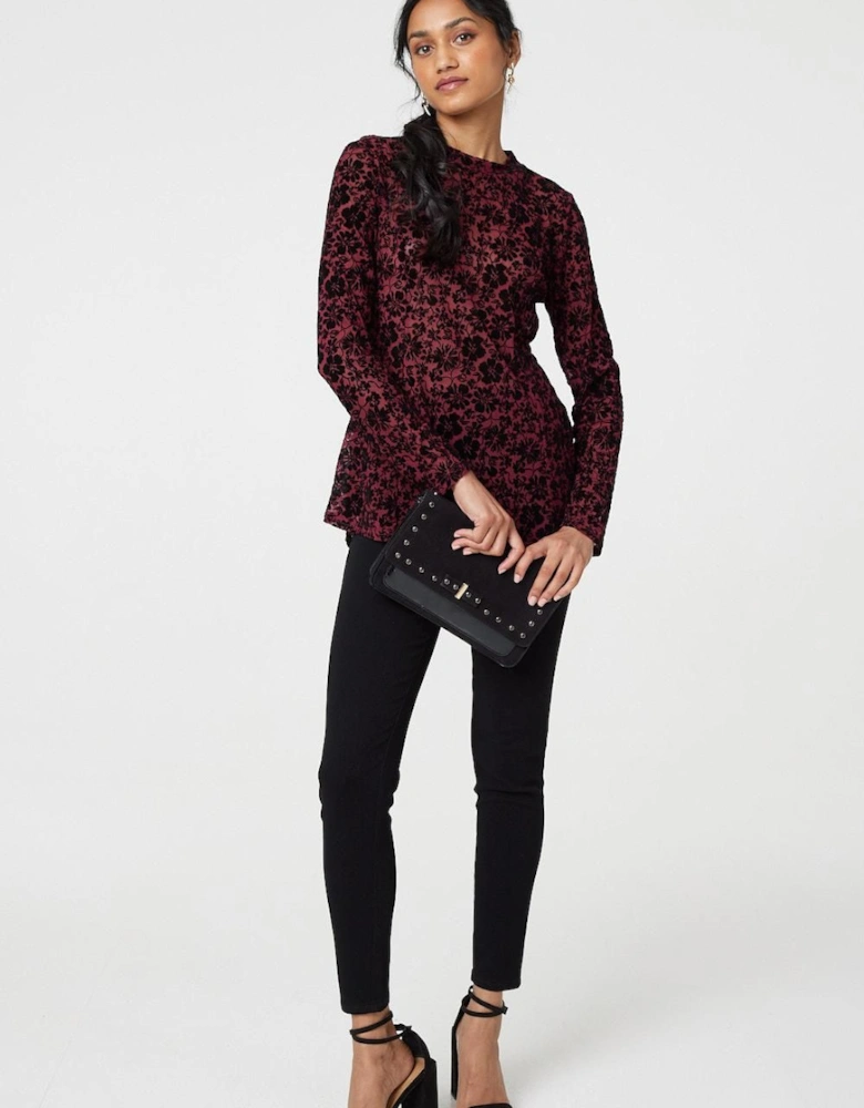 Floral Mesh Layered Long Sleeve Peplum Top