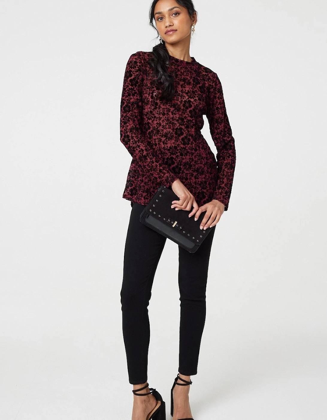 Floral Mesh Layered Long Sleeve Peplum Top, 2 of 1