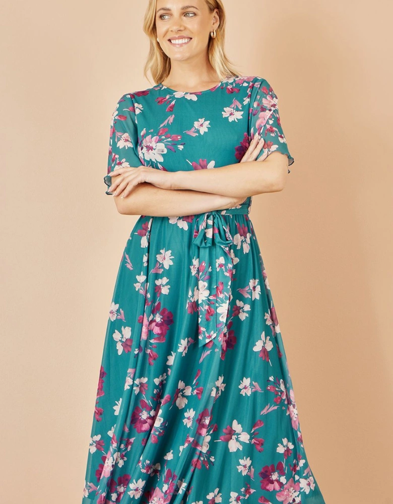 Teal Mesh Skater Floral Midi Dress