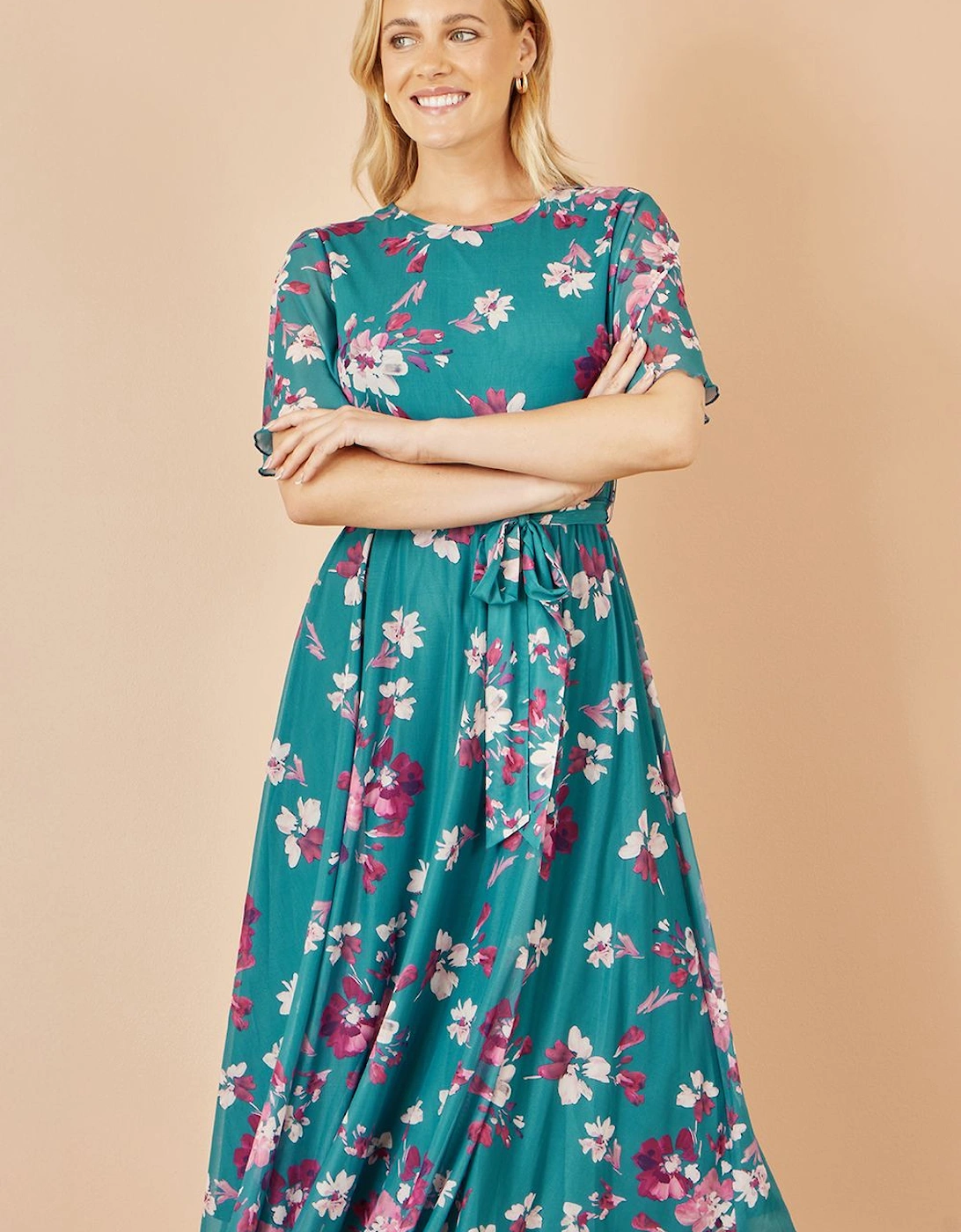Teal Mesh Skater Floral Midi Dress, 2 of 1