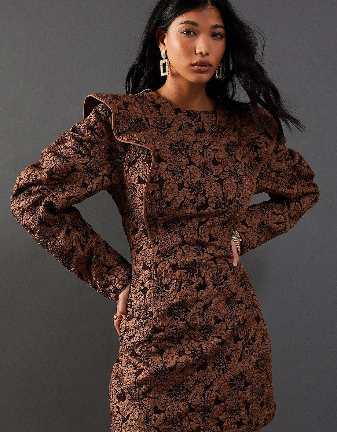Jacquard Frill Puff Sleeve Shift Mini Dress, 2 of 1