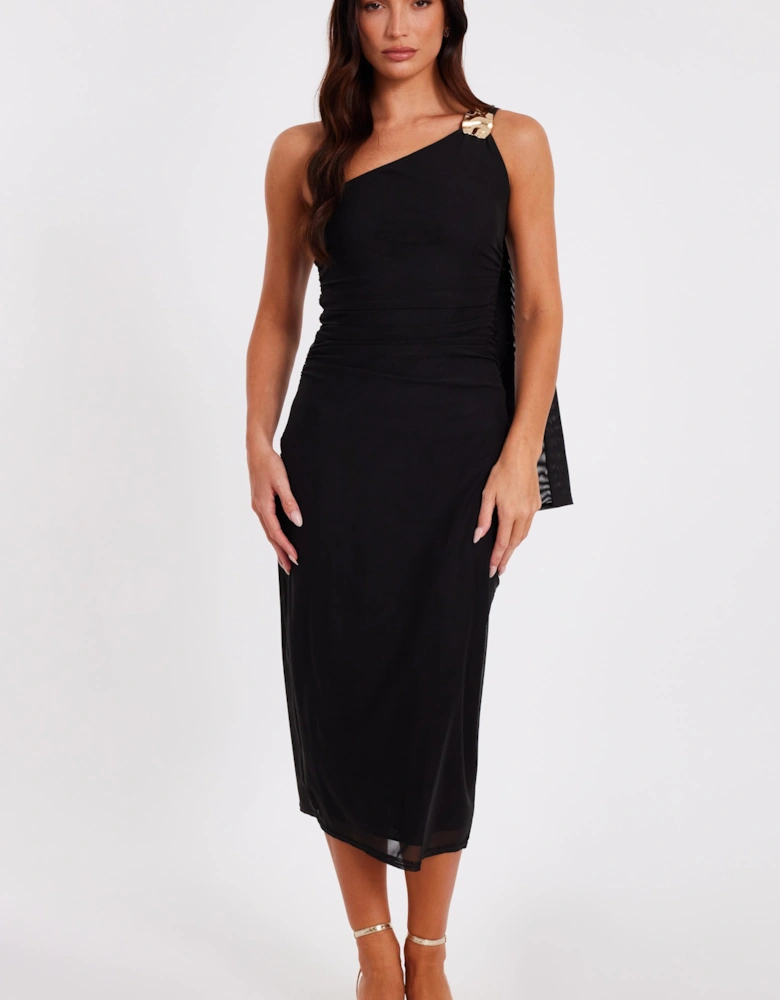 Black Mesh One Shoulder Midi Dress