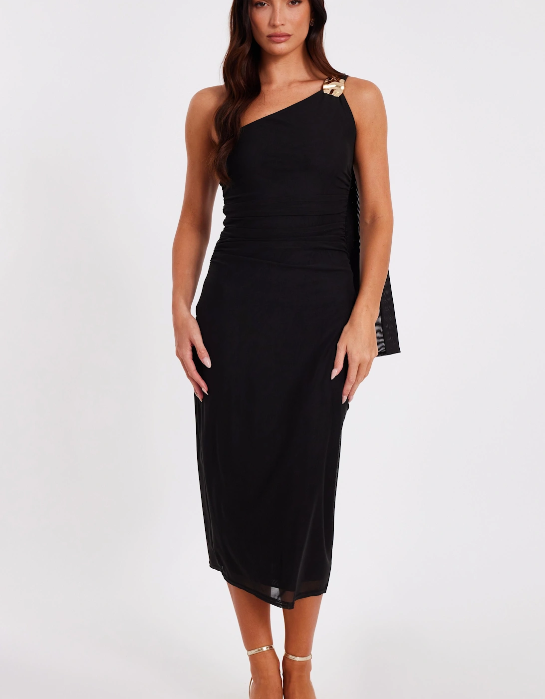 Black Mesh One Shoulder Midi Dress, 2 of 1