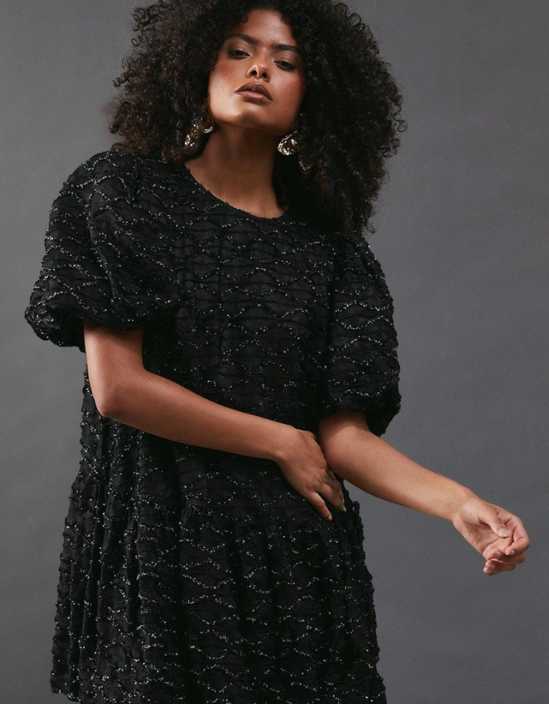 Metallic Tinsel  Drop Waist Mini Smock Dress
