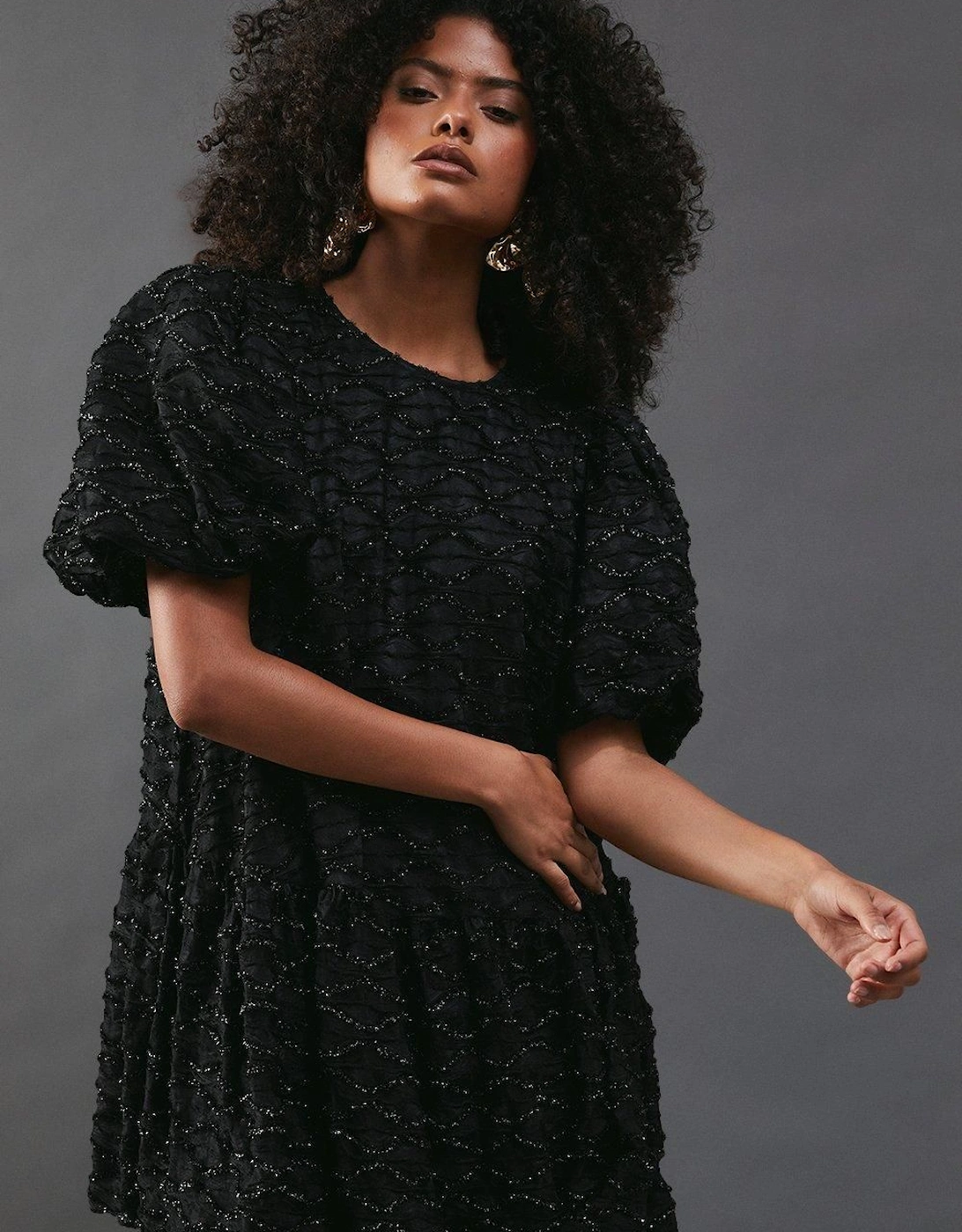 Metallic Tinsel  Drop Waist Mini Smock Dress, 2 of 1