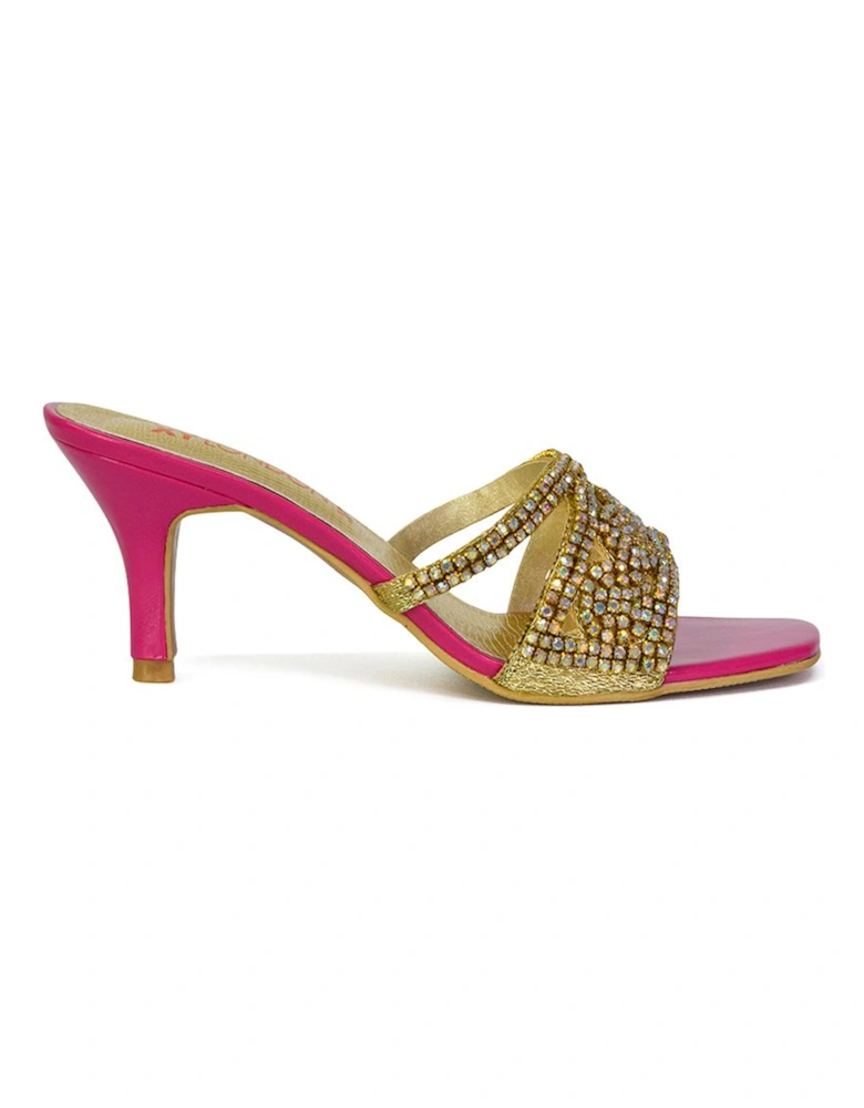 'Dominica' Diamante Mid Stiletto Heel Mule Sandals