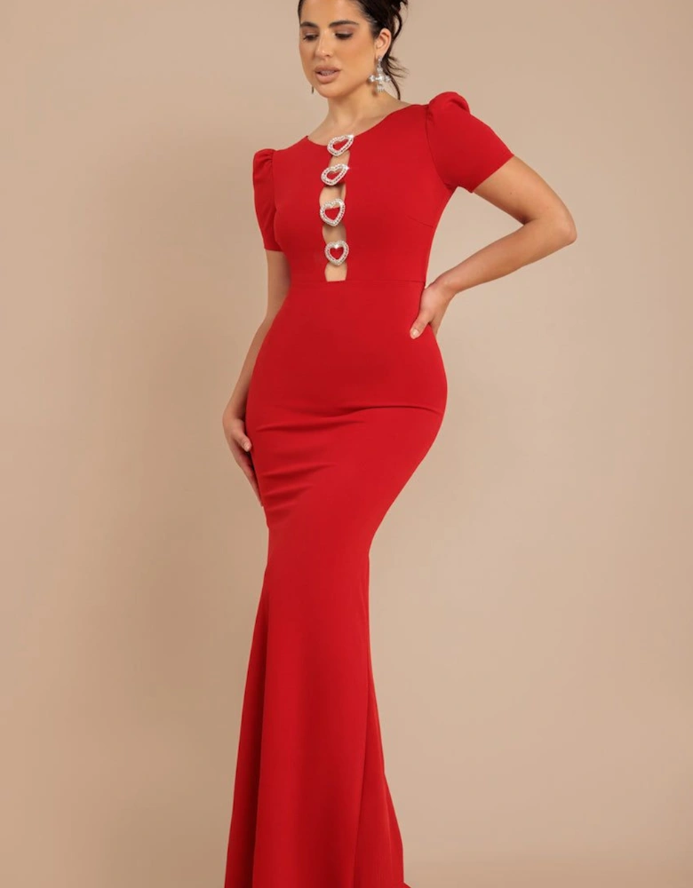 Diamante Embellished Heart Brooch Scuba Maxi Dress