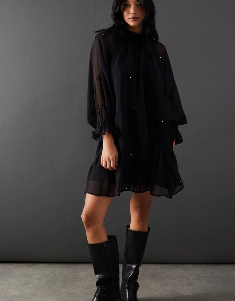 Premium Chiffon Tie Neck Moon Embellished Sequin Mini Smock Dress