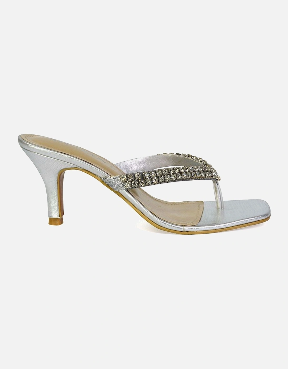 'Lynn' Embellished Diamante Kitten Heel Mule Sandals With Toe Thong, 2 of 1