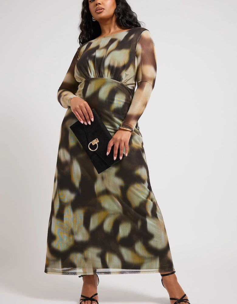 Blurred Abstract Print Mesh Maxi Dress