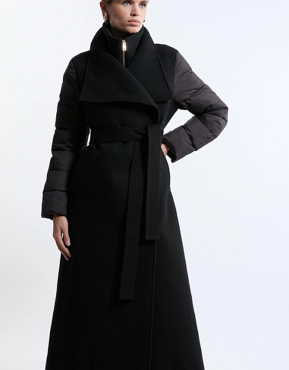 Wool Blend Hybrid Puffer Belted Midi Coat, 2 of 1