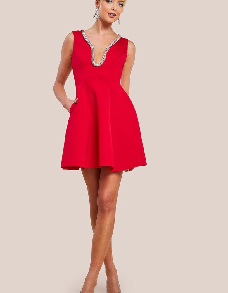 Diamante Embellished Neck A Line Mini Dress