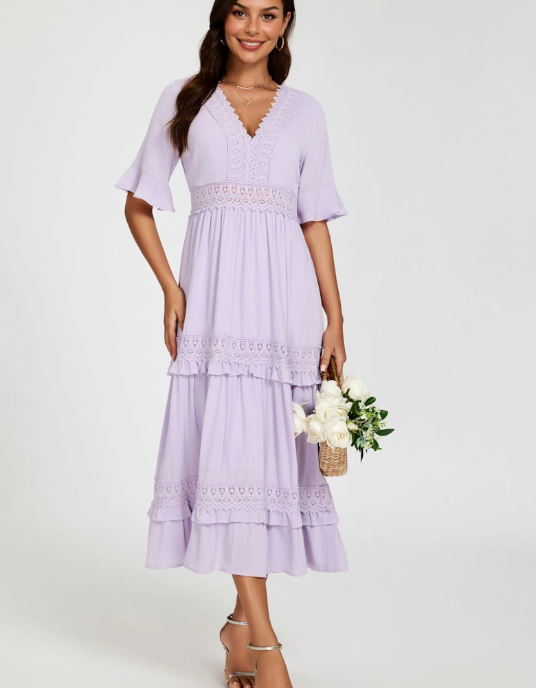 V Neck Lace Detail Midi Dress