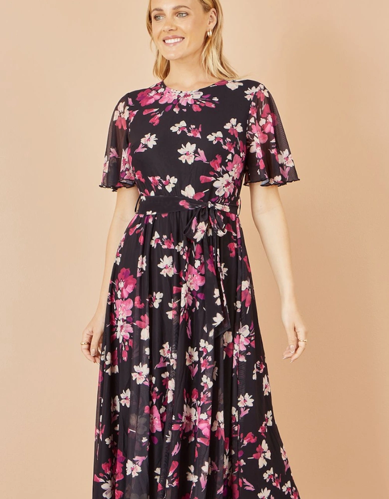 Black Mesh Skater Floral Midi Dress