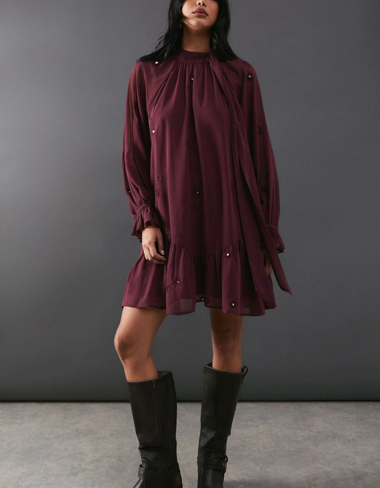 Premium Chiffon Tie Neck Moon Embellished Sequin Mini Smock Dress