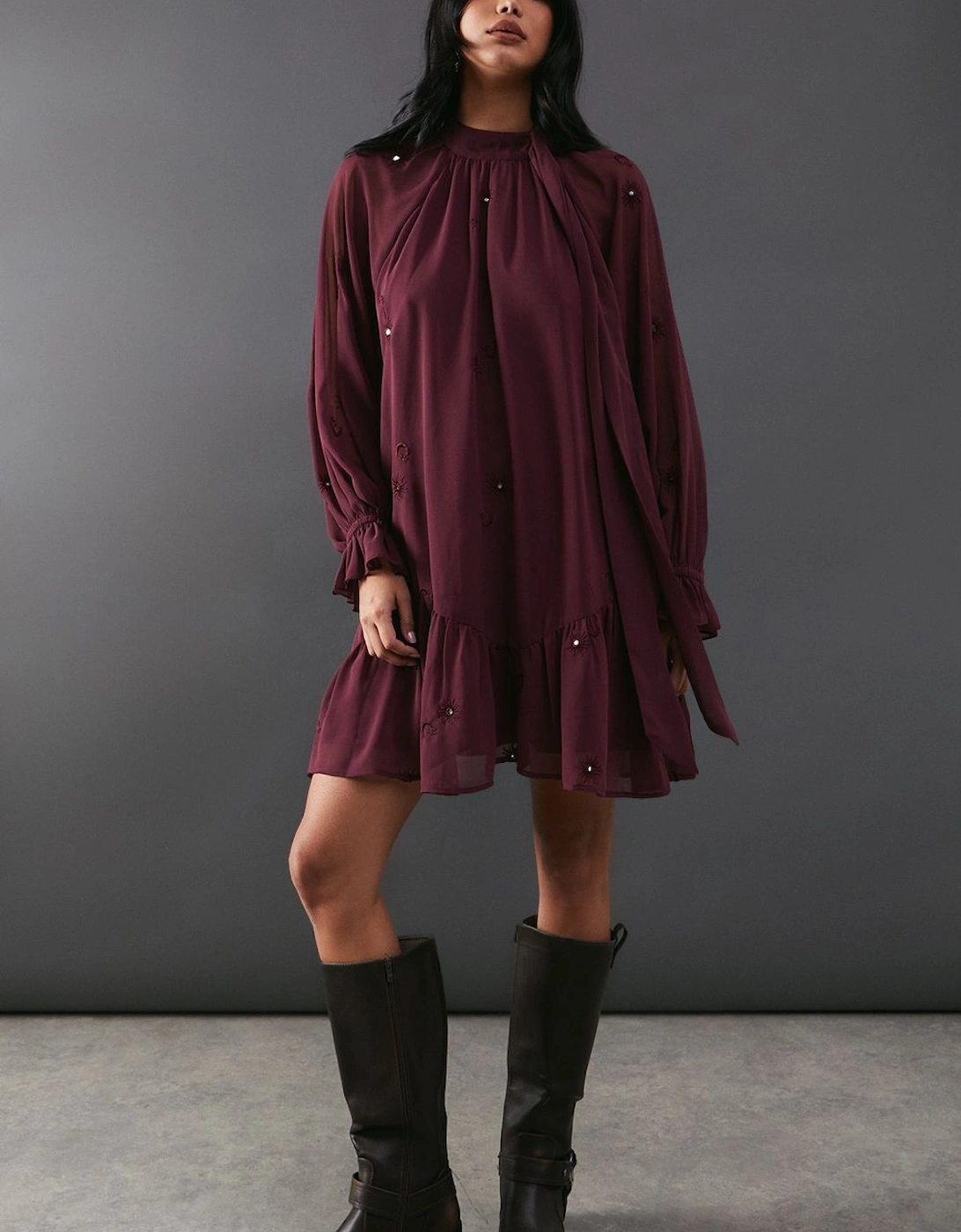 Premium Chiffon Tie Neck Moon Embellished Sequin Mini Smock Dress, 2 of 1