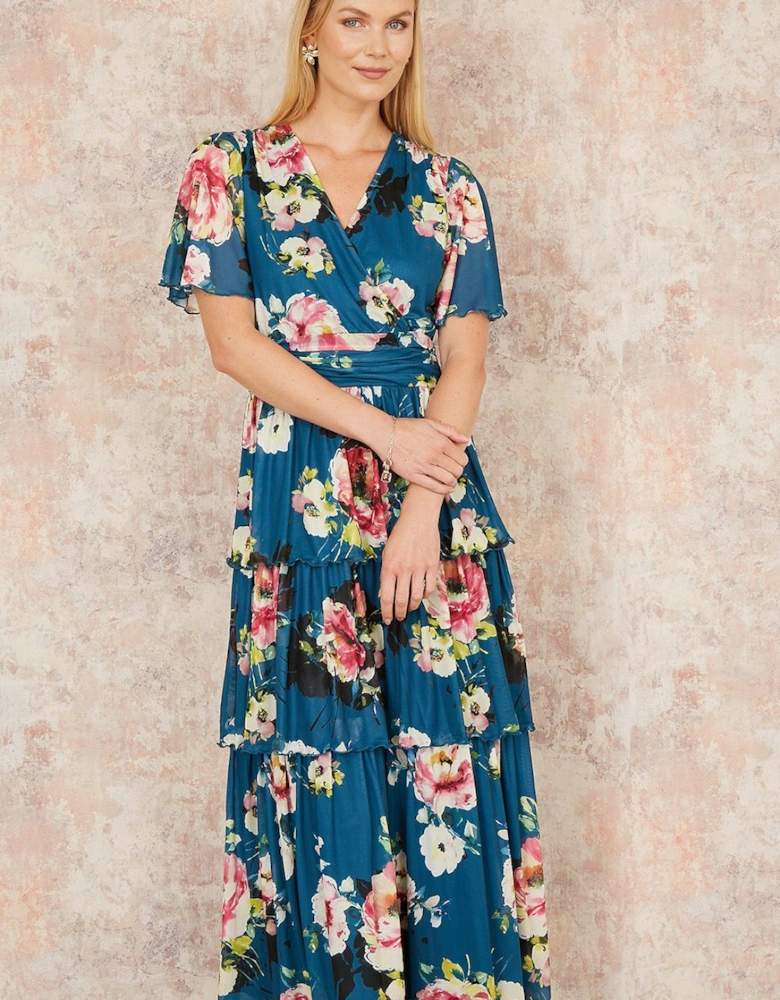 Green Floral Mesh Tiered Maxi Dress