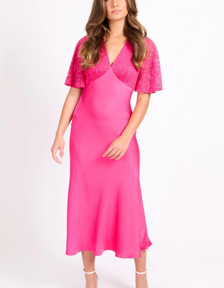 Pink Lace Satin Midi Dress