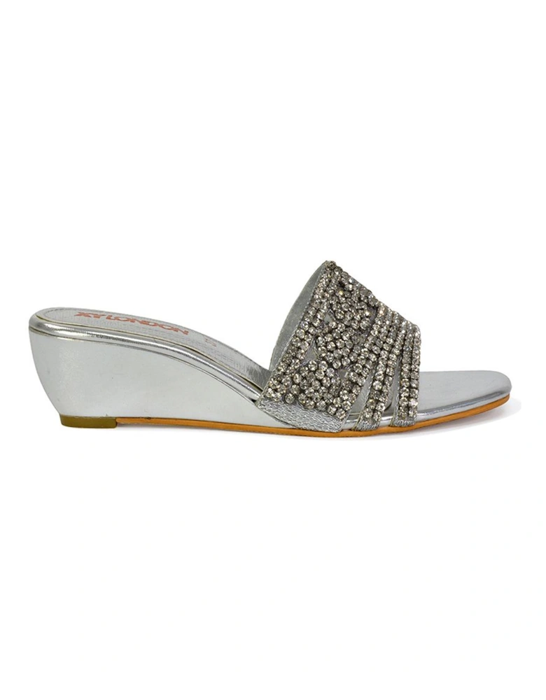 'Olive' Square Toe Embellished Diamante Wedge Heel Sandal