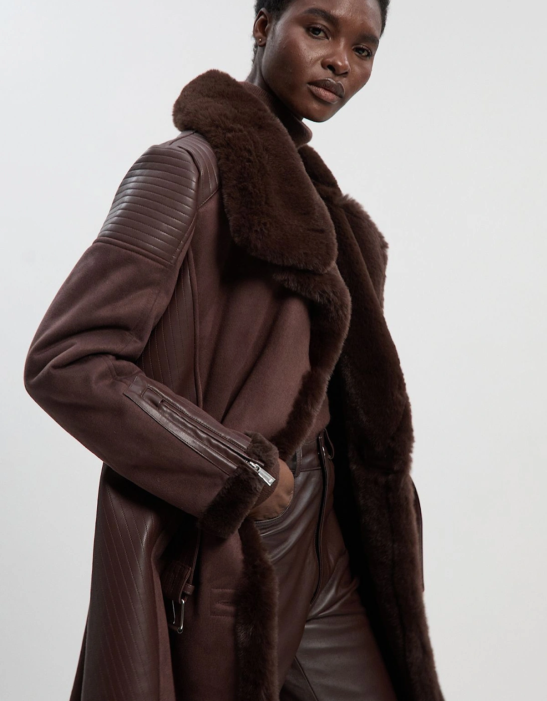Faux Shearling Biker Longline Coat, 2 of 1