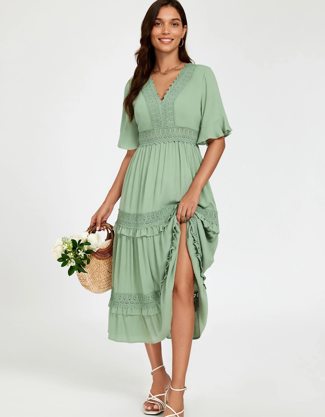 V Neck Lace Detail Midi Dress, 2 of 1