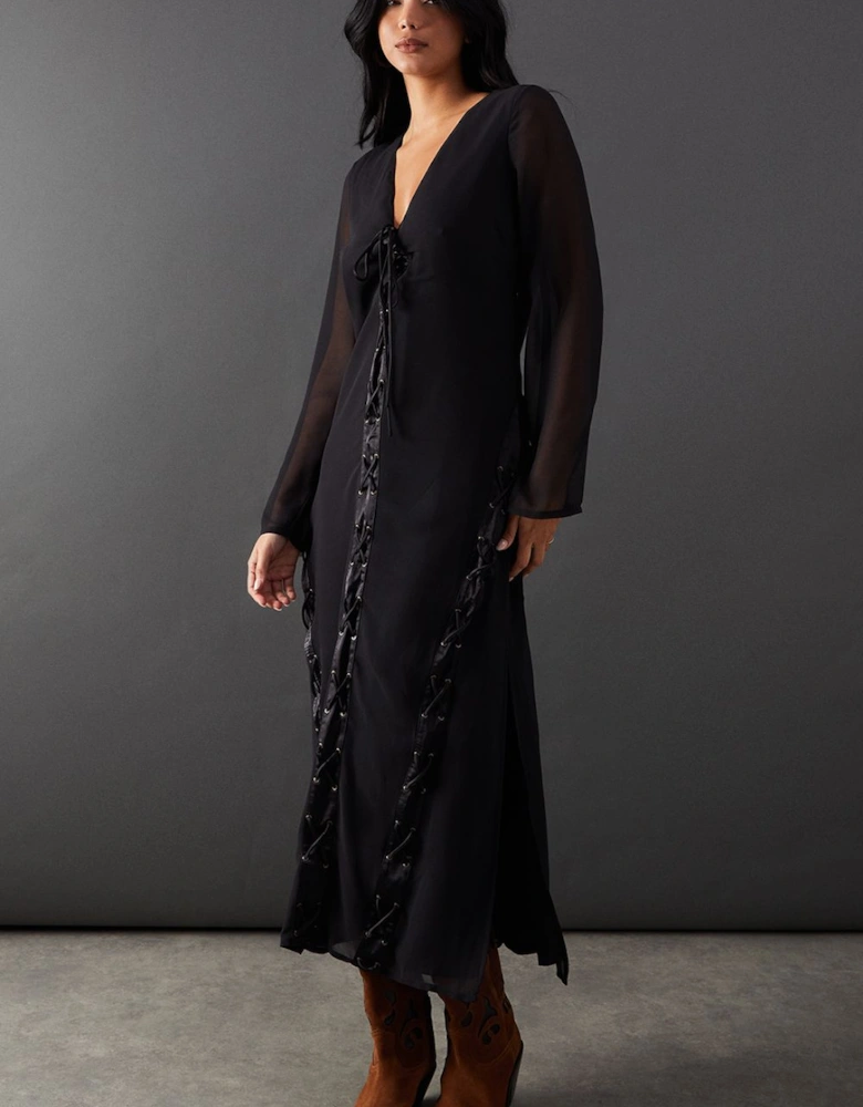 Chiffon Lace Up Panelling Midi Dress