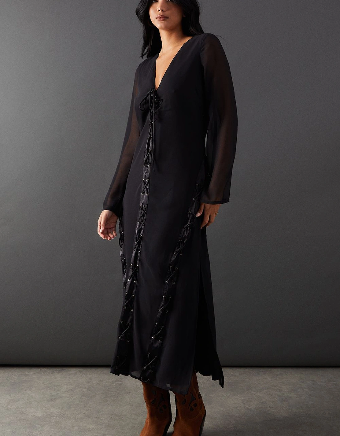 Chiffon Lace Up Panelling Midi Dress, 2 of 1