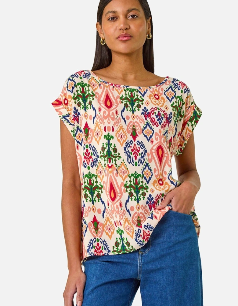 Abstract Print Cuff Sleeve Top