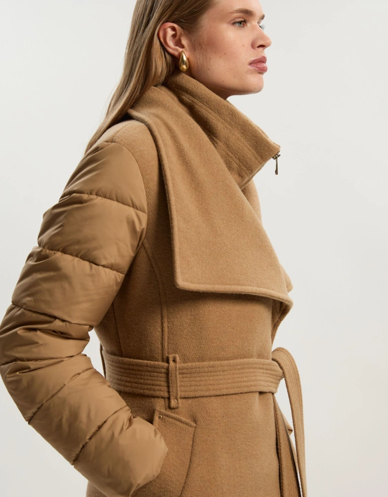 Wool Blend Hybrid Puffer Belted Midi Coat