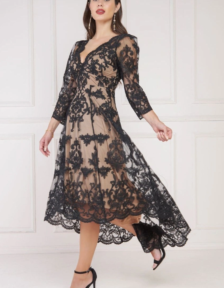 Scalloped Lace Dipped Hem Midi Dress