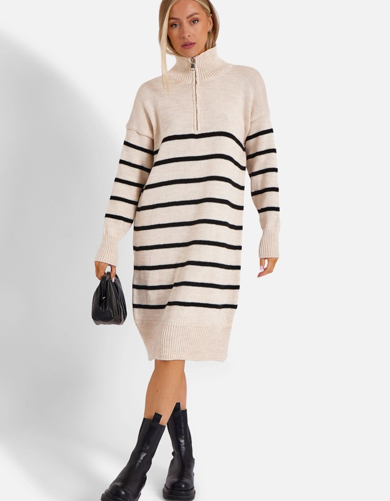 Beige Stripe Zip Up Neck Knit Dress
