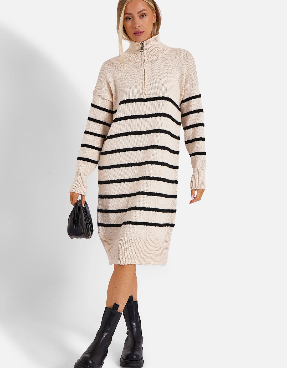 Beige Stripe Zip Up Neck Knit Dress, 2 of 1