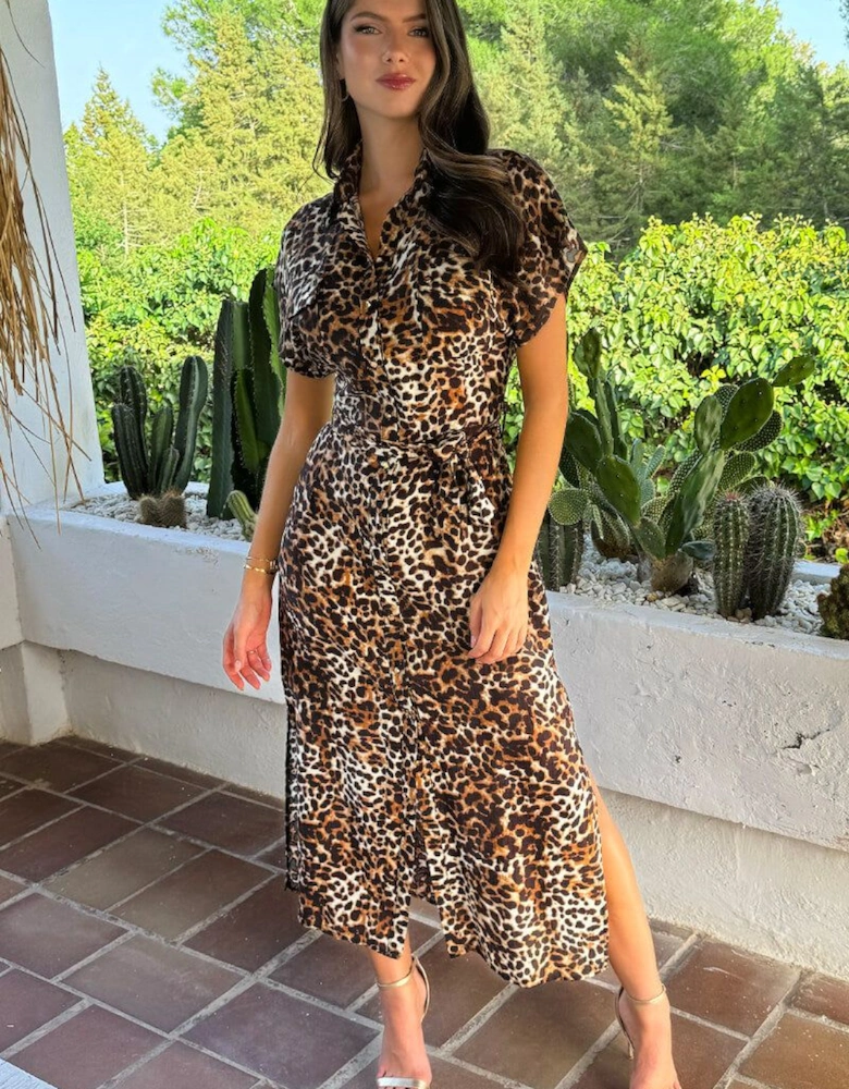 Brown Cheetah Print Short Sleeve Midi Shirt Dress