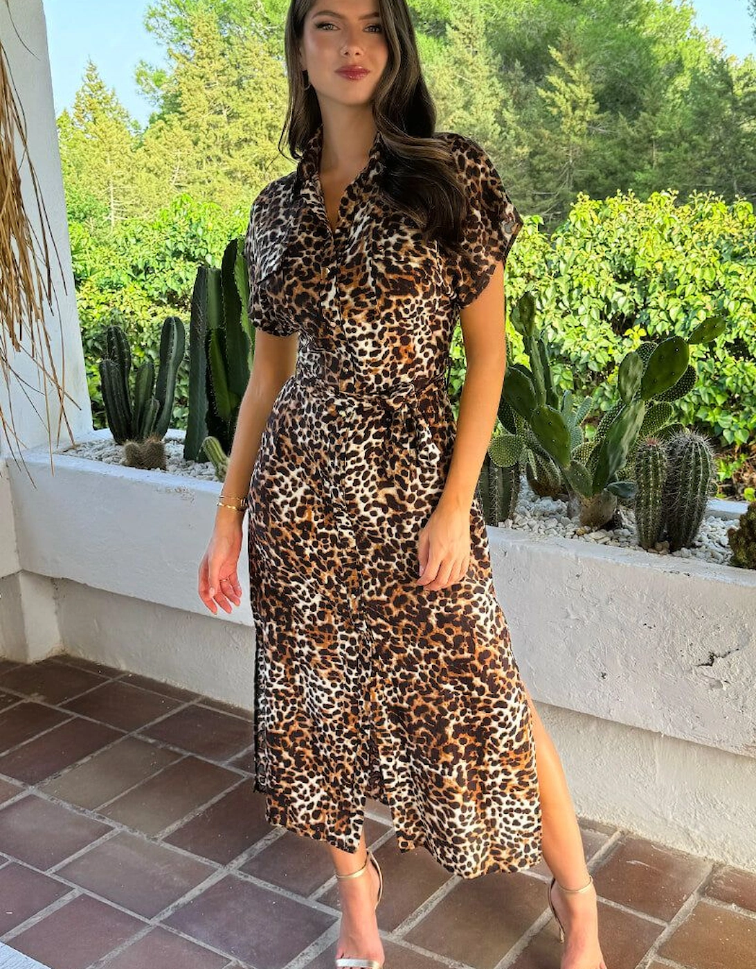 Brown Cheetah Print Short Sleeve Midi Shirt Dress, 2 of 1