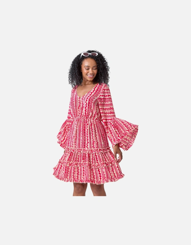 Petite Aztec Print Flared Sleeve Dress